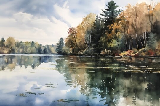 Beautiful watercolor autumn landscape with lush colorful autumnal trees on the shore of calm forest lake or pond at sunny fall day. Digital art painting from my own 3D rendering file , generate ai