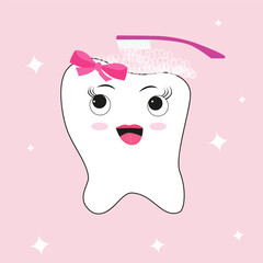 tooth  on pink background. Tooth with a bow