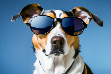 Portrait of adorable dog wearing sunglasses close-up. Summertime vacation concept. generative ai. - 606449801