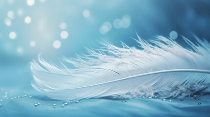 a bright blue background with one white feather, in the style of soft and dreamy pastels, glimmering light effects, nature inspired imagery, fairycore, soft focal points, generate ai