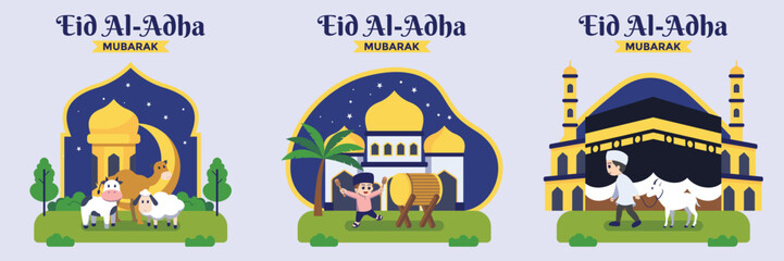 Eid Al-Adha Mubarak, animal qurban sheep, cow and camel, boy hit the bedug, man bring goat for qurban, set concept cute illustration