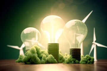 Energy consumption and CO2 gas emissions are increasing light bulbs with green eco city, Renewable energy by 2050 Carbon neutral energy, Save energy creative idea concept, Generative Ai.