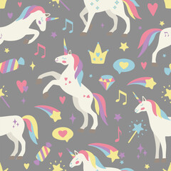 Hand drawn seamless vector pattern with cute unicorns, stars, hearts, diamonds. Perfect for fabric, wallpaper, wrapping paper or nursery decor.