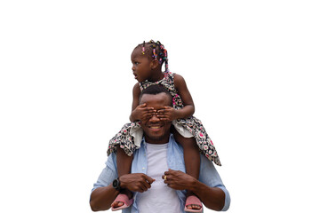 Father carrying daughter on shoulders, Cheerful african american girl on the shoulders of his father
