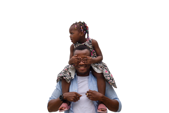 Father carrying daughter on shoulders, Cheerful african american girl on the shoulders of his father