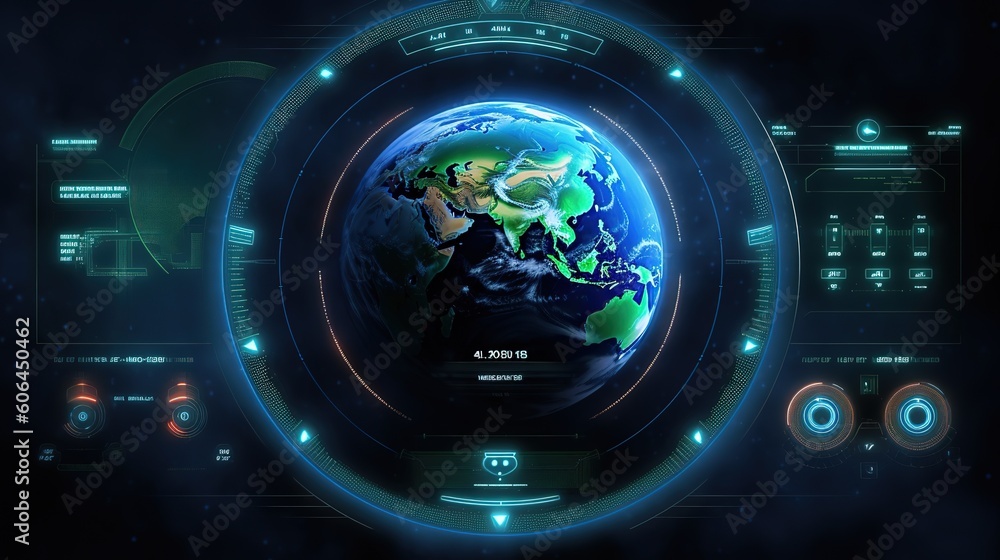 Aufkleber UI interface, earth globe, control center.Hud,GUI for game background design. Technology background. Digital data. Generative AI