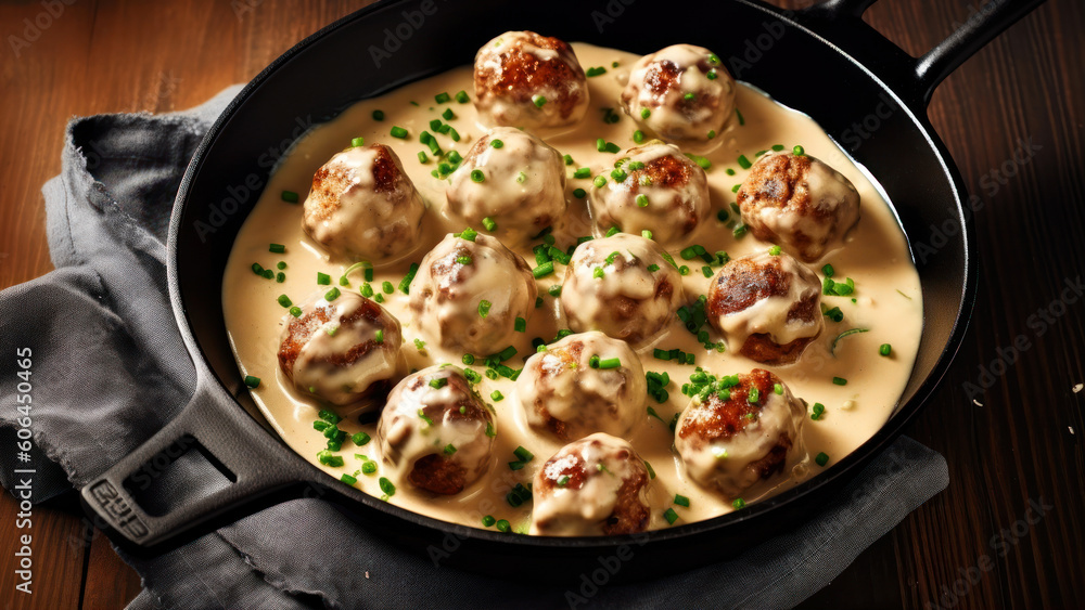 Poster meatballs with cream sauce and parsley in a frying pan on a dark background, top view generative ai