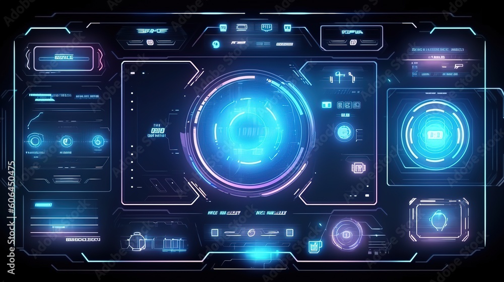 Aufkleber HUD Futuristic Elements Set By Communication And Loading Bars Screen Circles Frames.Hud,GUI for game background design. Technology background. Digital data. Generative AI