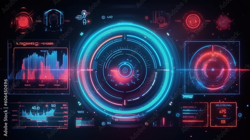 Aufkleber HUD Futuristic Elements Set By Communication And Loading Bars Screen Circles Frames.Hud,GUI for game background design. Technology background. Digital data. Generative AI