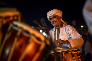 A traditional drum player adding rhythm to the festive atmosphere, Eid-al-Adha, bokeh Generative AI
