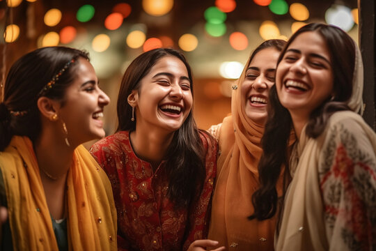 A group of friends sharing laughter and joy during the celebrations, Eid-al-Adha, bokeh Generative AI