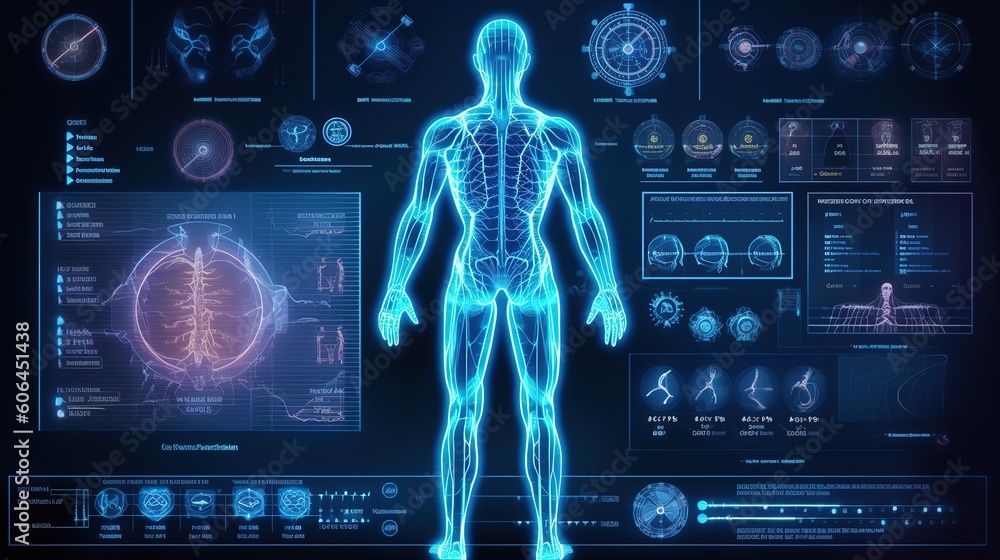 Poster Human body low poly wireframe. Hud,GUI for game background design. Technology background. Digital data. Generative AI