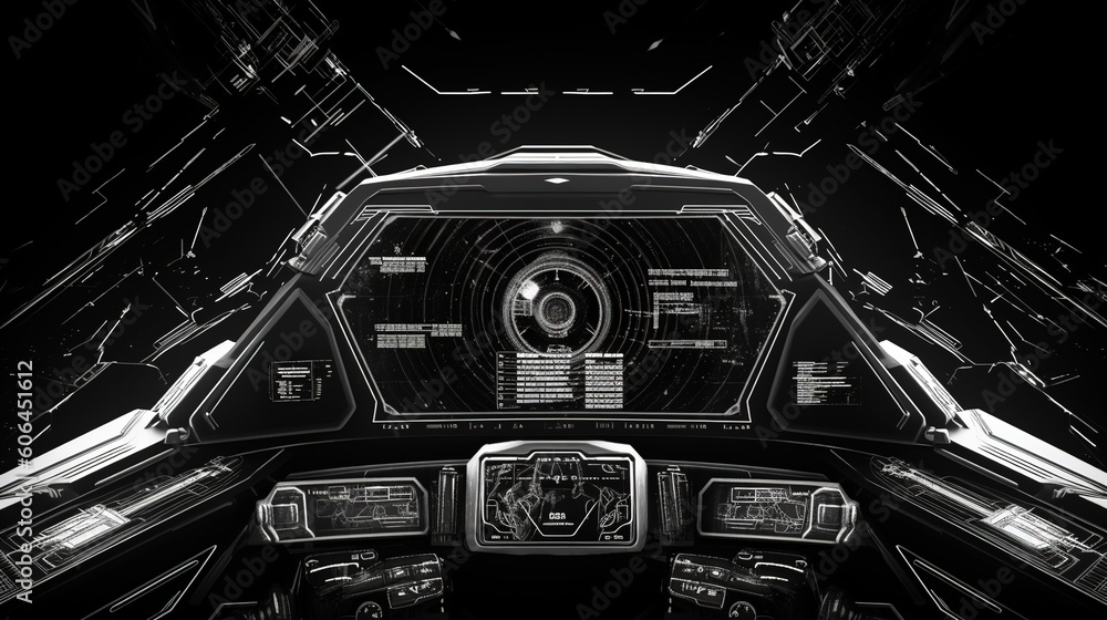 Aufkleber Sci-fi Futuristic Black and white HUD dashboard Display with Virtual Reality Technology.Hud,GUI for game background design. Technology background. Digital data. Generative AI