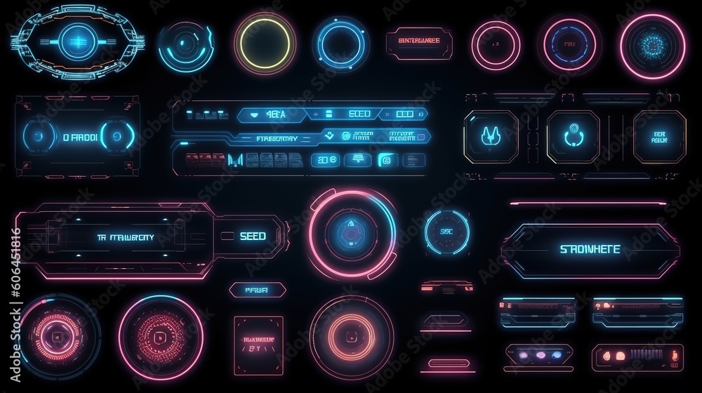 Aufkleber Set of Sci Fi Modern User Interface Elements.Hud,GUI for game background design. Technology background. Digital data. Generative AI