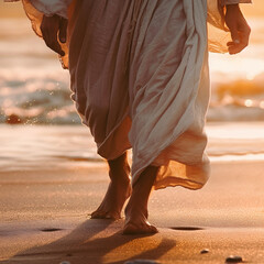 Closeup of Jesus walking on a beach at sunset. Generative AI