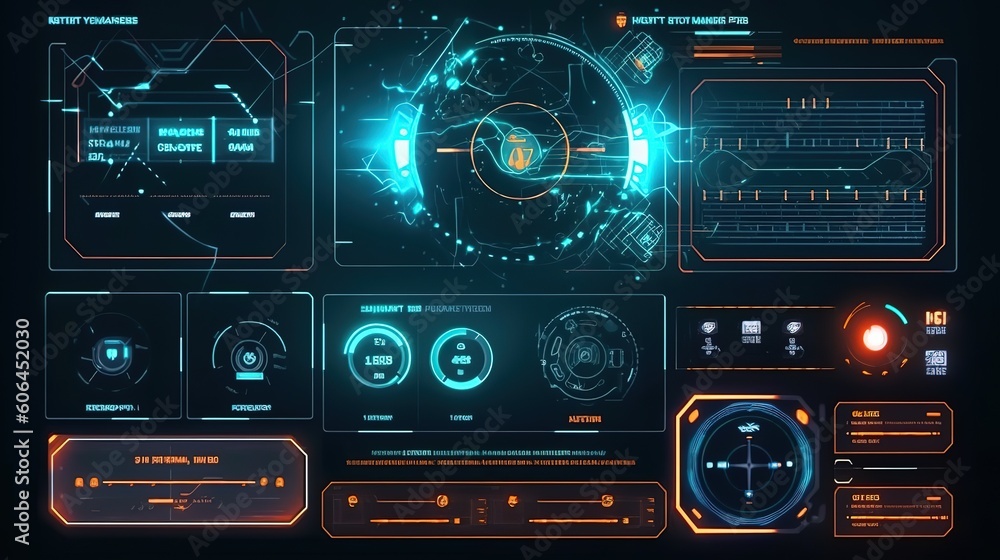 Poster HUD Futuristic Interface.Hud,GUI for game background design. Technology background. Digital data. Generative AI