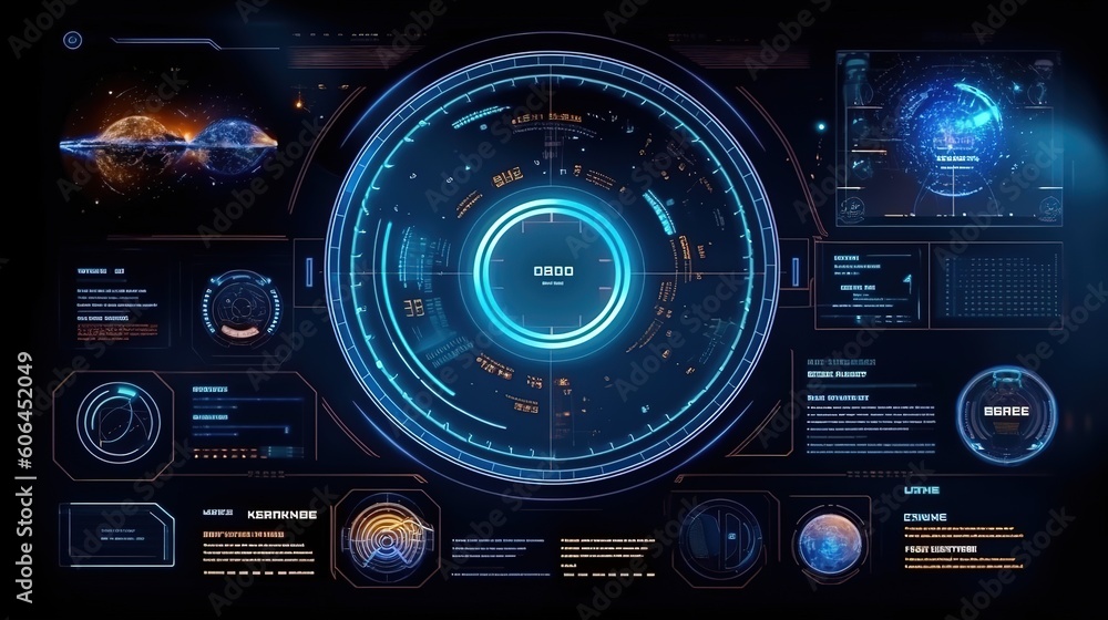 Poster HUD Futuristic Interface.Hud,GUI for game background design. Technology background. Digital data. Generative AI