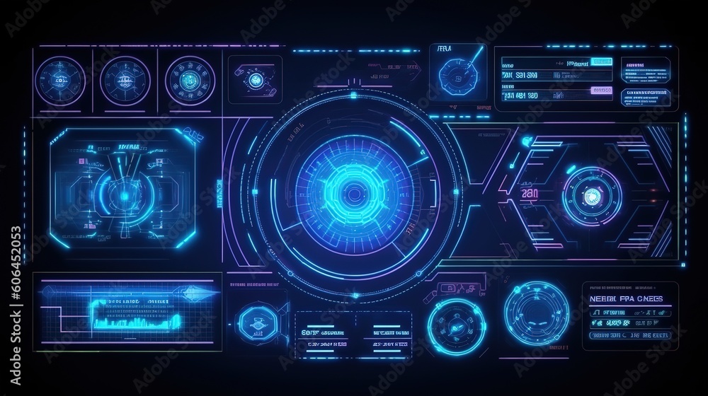 Poster HUD Futuristic Interface.Hud,GUI for game background design. Technology background. Digital data. Generative AI