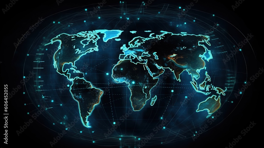 Aufkleber HUD hologram interface, earth digital map infographic charts and graphs.Hud,GUI for game background design. Technology background. Digital data. Generative AI