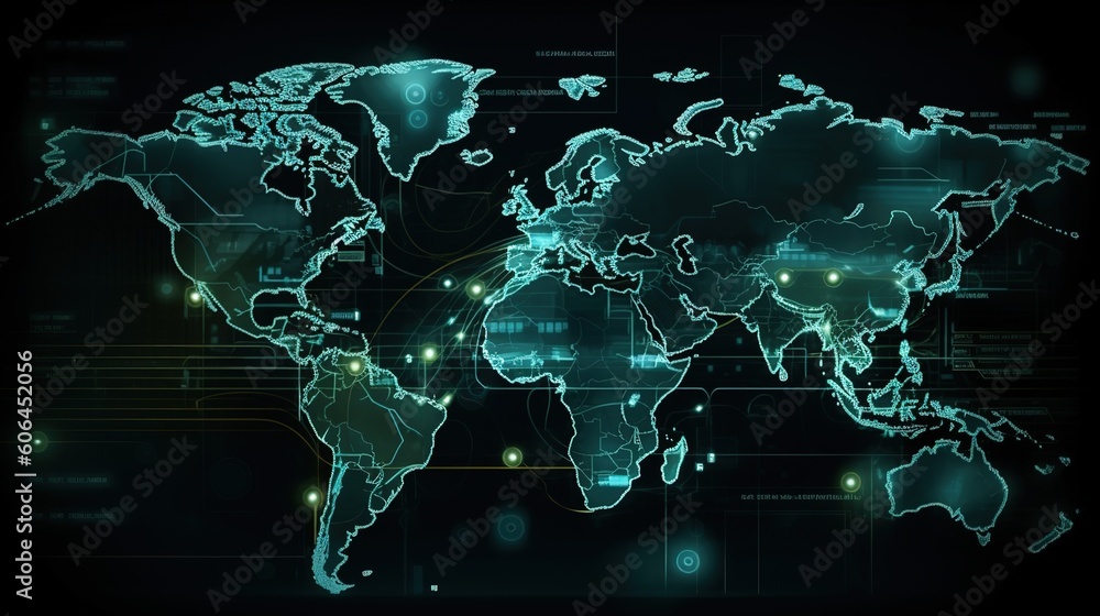 Fototapete HUD hologram interface, earth digital map infographic charts and graphs.Hud,GUI for game background design. Technology background. Digital data. Generative AI