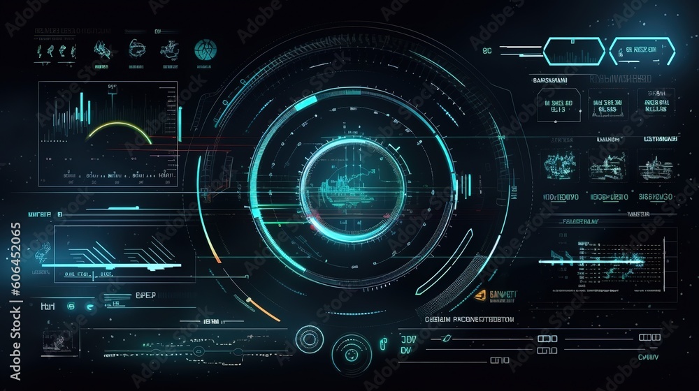 Poster HUD Futuristic Interface.Hud,GUI for game background design. Technology background. Digital data. Generative AI