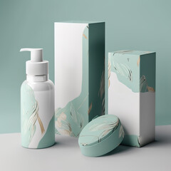 Mockup of cosmetic skin care product with artistic design on green background. Cream skin care. 3D Render