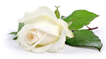 white rose with leaf isolated on white background - obrazy, fototapety, plakaty