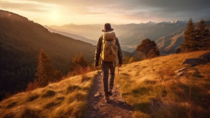 Hiker with backpack hiking on the top of a mountain - Man walking on forest path at sunset - Focus on the guy - sunset in the mountains - hiker on top of mountain, Generative AI