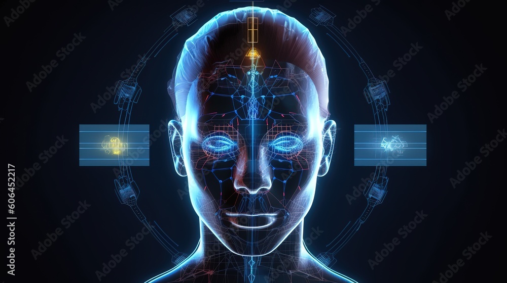 Poster The whole system is in a hologram of the head.Hud,GUI for game background design. Technology background. Digital data. Generative AI