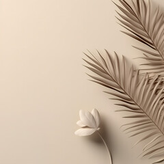A carved flower and palm leaves on a light beige background, in the style of hyperrealistic compositions, minimalistic elegance, abstract minimalistic composition