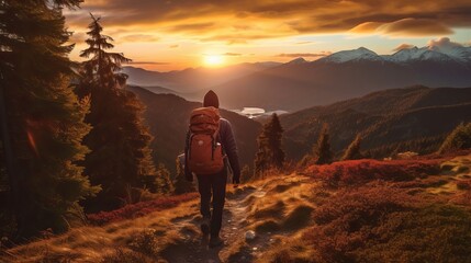 Hiker with backpack hiking on the top of a mountain - Man walking on forest path at sunset - Focus on the guy - sunrise in the mountains - person walking in the mountains, Generative AI
