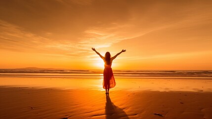 Fototapeta na wymiar Happy woman with arms up enjoy freedom at the beach at sunset. Wellness, success, freedom and travel concept, silhouette of a person in the sunset, Generative AI