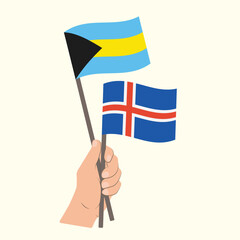 Flags of Bahamas and Iceland, Hand Holding flags