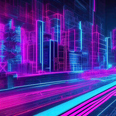 Futuristic background with pink blue glowing neon lines. City architecture buildings. AI generated Generative AI