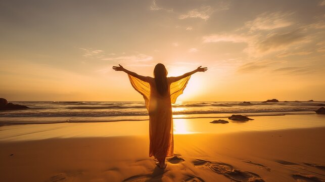Happy woman with arms up enjoy freedom at the beach at sunset. Wellness, success, freedom and travel concept, silhouette of a person on the beach, Generative AI