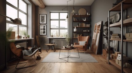 Vintage Meets Modern in Cozy Industrial Living Room with Frames created with generative ai technology