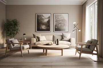 Stylish Scandinavian Interior with Room for Custom Artwork created with generative ai technology
