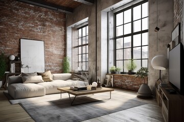 Naklejka na ściany i meble Urban Chic Industrial Living Room with Blank Art Frame created with generative ai technology