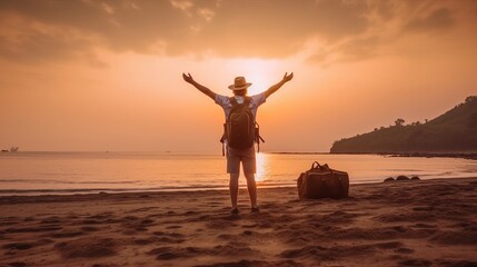 Fototapeta premium Happy man wearing hat and backpack raising arms up on the beach at sunset - Delightful man enjoying peaceful moment walking outdoors - healthcare, traveling and mental health concept, Generative AI