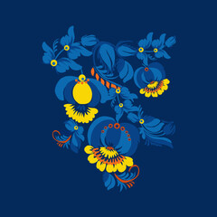 Fototapeta na wymiar Traditional Ukrainian painting of Petrykivka. Elements of blue and yellow floral ornament. Decorative composition.