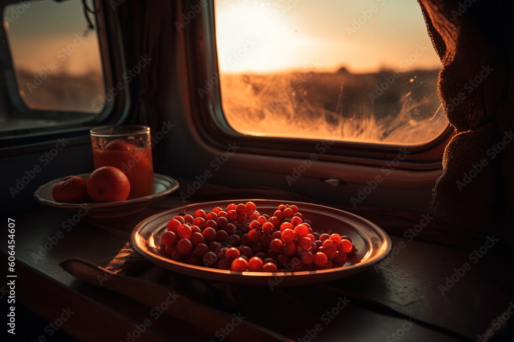 Poster a bowl of berries sitting on a table in close proximity to a window generative ai