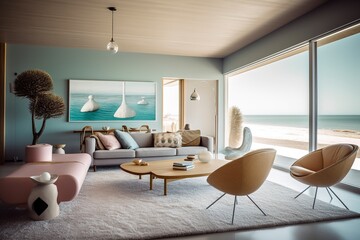 Generative AI illustration of mid-century modern beachfront villa interior design