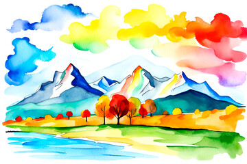 Watercolor children's drawing of mountains and trees landscape