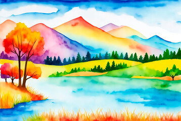 Fototapeta na wymiar Watercolor children's drawing of mountains and trees landscape