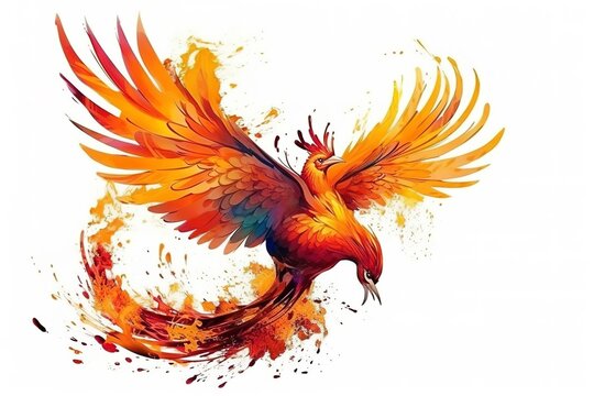 Generative AI illustration of phoenix firebird  isolated on white background .
