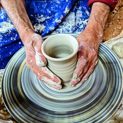 Skilled potter spinning vase in Spain