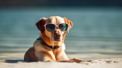 Plakat Cute dog with sunglasses on the beach relaxing and enjoying. Holiday concept with the dog. Generative AI