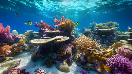 Coral reef with marine life. Generative AI.