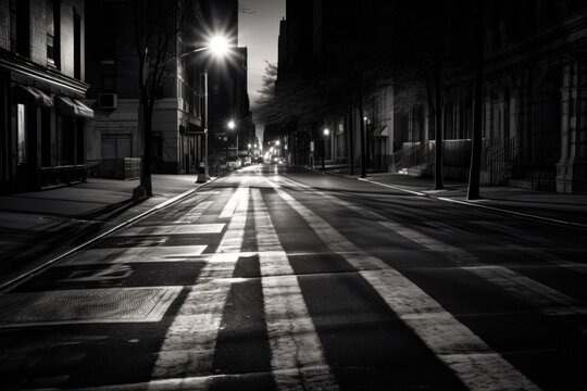 A black and white photo of a street at night. Generative AI image.