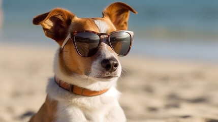Fototapeta na wymiar Cute dog with sunglasses on the beach relaxing and enjoying. Holiday concept with the dog. Generative AI